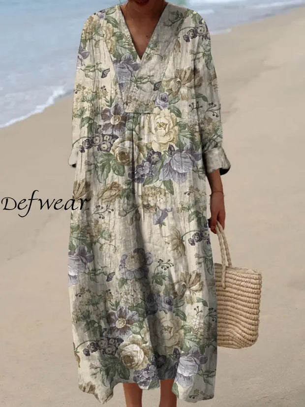 Retro Floral Art Printed Wide Edge V-Neck Vintage Loose Long Sleeves Midi Dress A / S