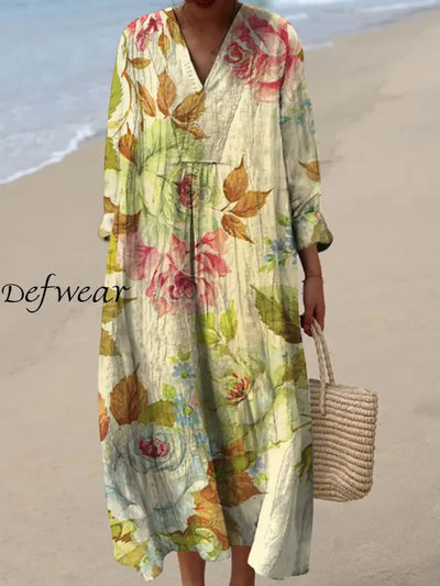 Retro Floral Art Printed Wide Edge V-Neck Vintage Loose Long Sleeves Midi Dress A / S