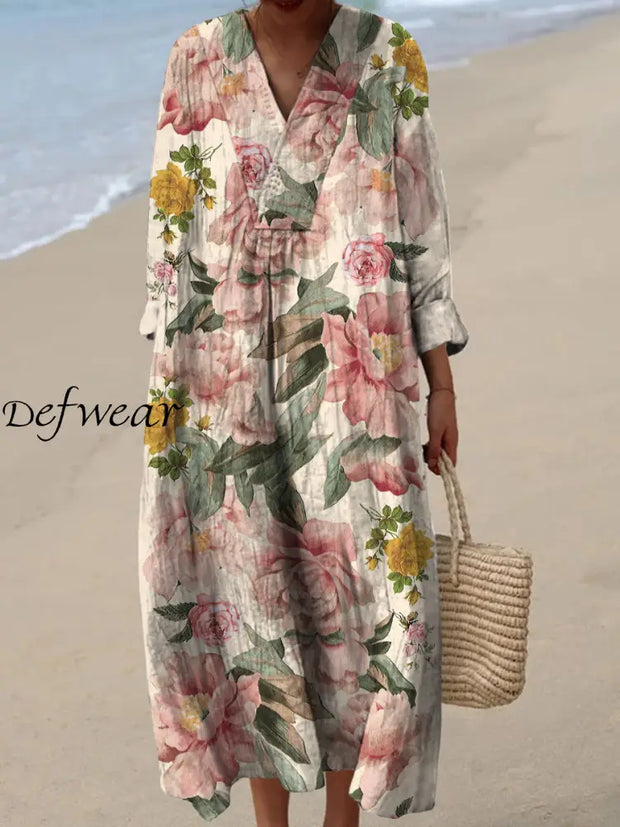 Retro Floral Art Printed Wide Edge V-Neck Vintage Loose Long Sleeves Midi Dress A / S