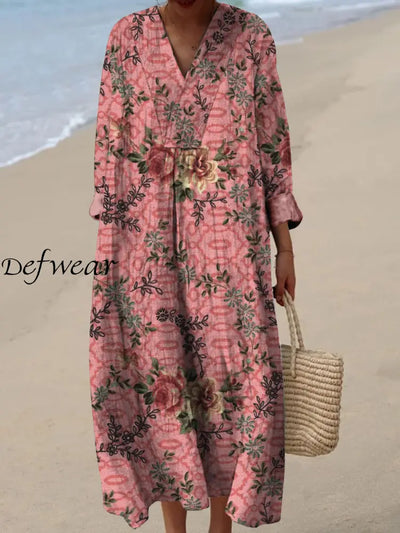 Retro Floral Art Printed Wide Edge V-Neck Vintage Loose Long Sleeves Midi Dress A / S