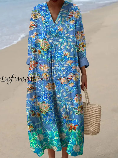 Retro Floral Art Printed Wide Edge V-Neck Vintage Loose Long Sleeves Midi Dress A / S