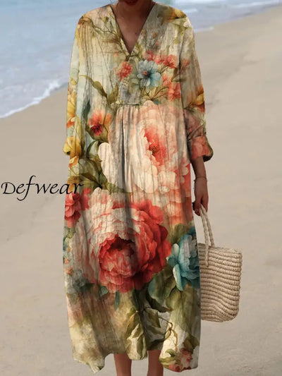 Retro Floral Art Printed Wide Edge V-Neck Vintage Loose Long Sleeves Midi Dress A / S