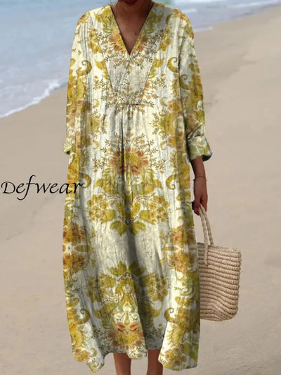 Retro Floral Art Printed Wide Edge V-Neck Vintage Loose Long Sleeves Midi Dress A / S