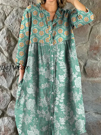 Retro Floral Boho Art Print Vintage Chic V-Neck Button Up Long Sleeve Midi Dress A / S