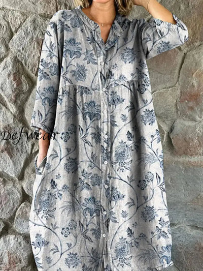 Retro Floral Boho Art Print Vintage Chic V-Neck Button Up Long Sleeve Midi Dress A / S