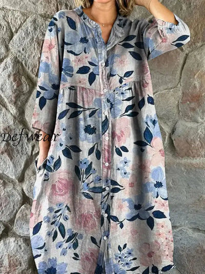 Retro Floral Boho Art Print Vintage Chic V-Neck Button Up Long Sleeve Midi Dress A / S