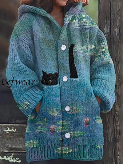 Retro Floral Cute Cat Print Button Up Thick Long-Sleeved Hooded Cardigan Knit Sweater A / S