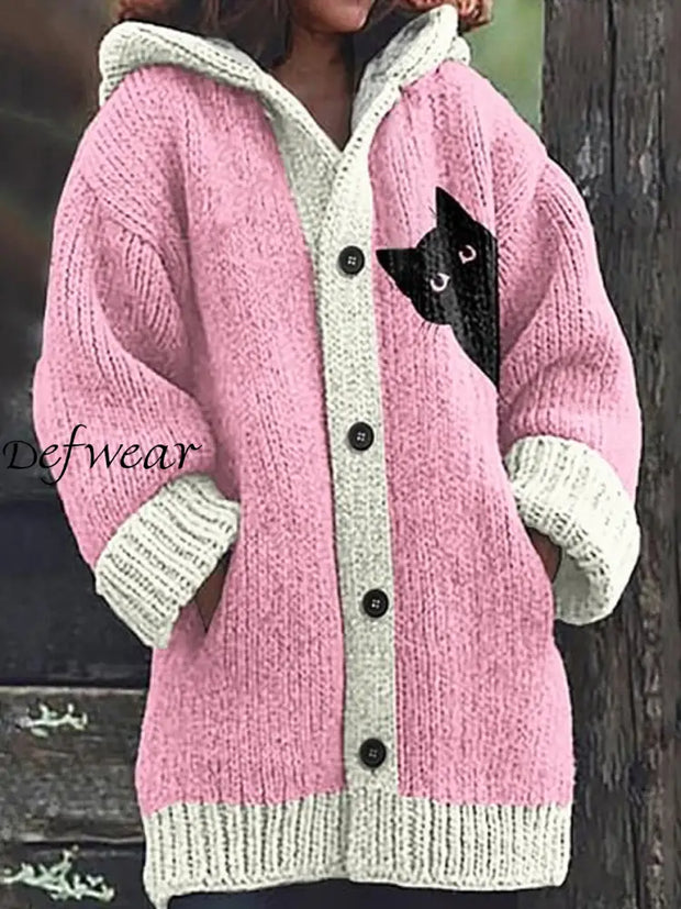 Retro Floral Cute Cat Print Button Up Thick Long-Sleeved Hooded Cardigan Knit Sweater A / S