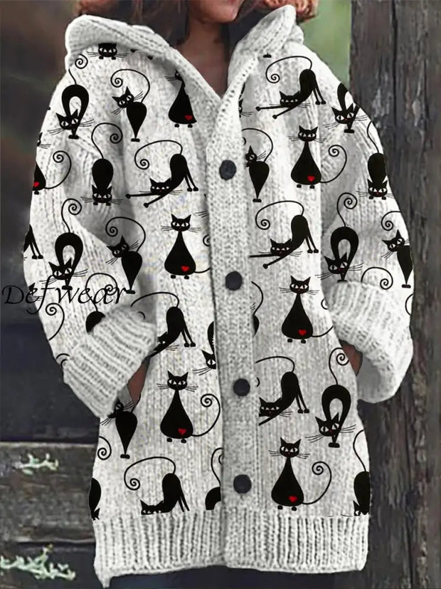 Retro Floral Cute Cat Print Button Up Thick Long-Sleeved Hooded Cardigan Knit Sweater A / S