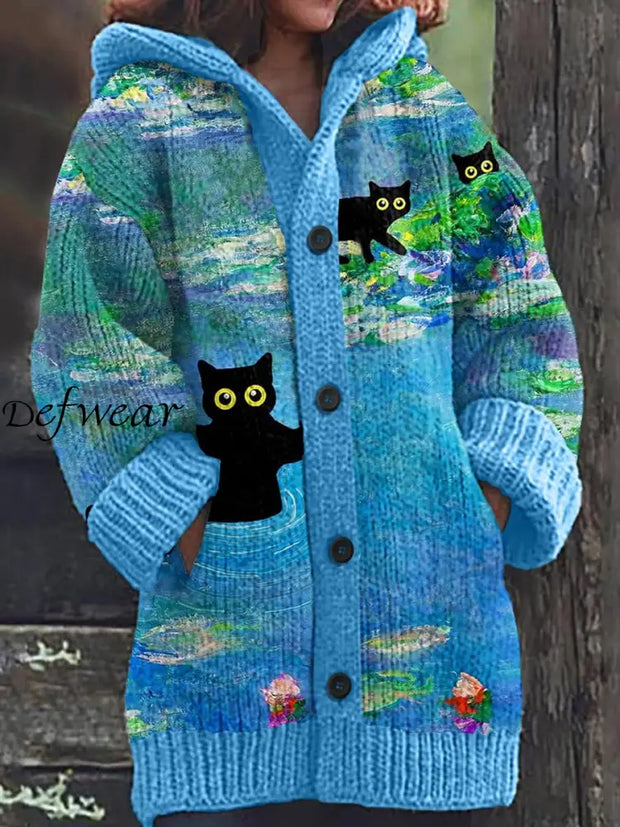 Retro Floral Cute Cat Print Button Up Thick Long-Sleeved Hooded Cardigan Knit Sweater A / S