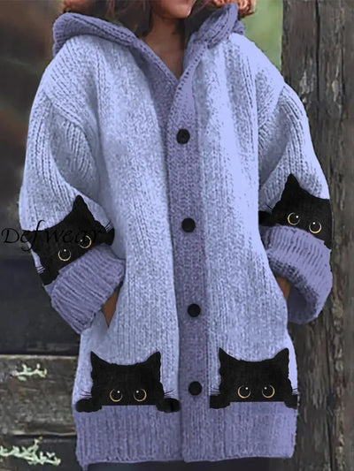 Retro Floral Cute Cat Print Button Up Thick Long-Sleeved Hooded Cardigan Knit Sweater A / S