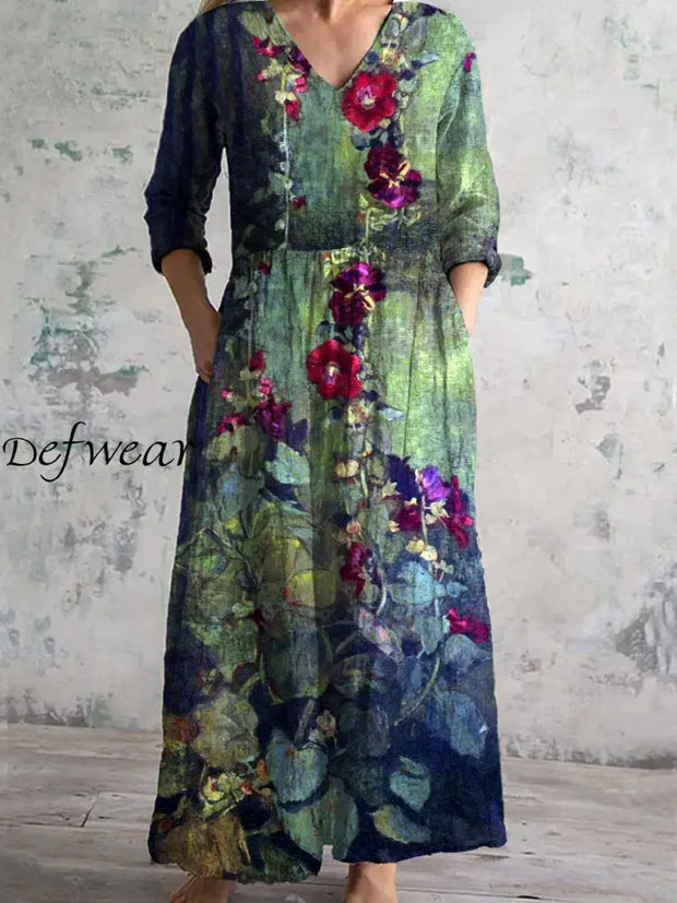 Retro Floral Print Chic V-Neck Three-Quarter Sleeve Elegant Mid-Length Dress A / S