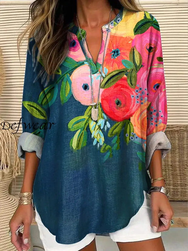 Retro Floral Print V-Neck Comfortable Cotton Mid-Sleeve Top A / S