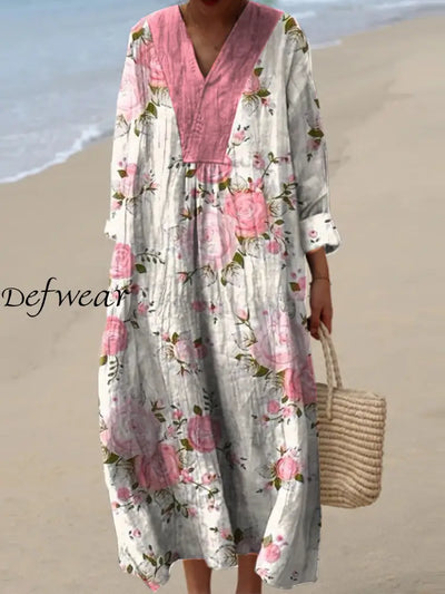 Retro Floral Print V-Neck Elegant Chic Loose Long Sleeve Mid-Length Skirt A / S