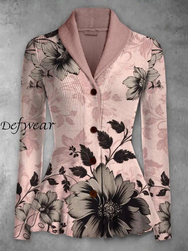 Retro Floral Printed Elegant Lapel V-Neck Button Up Thick Knit Long-Sleeved Cardigan Sweater A / S