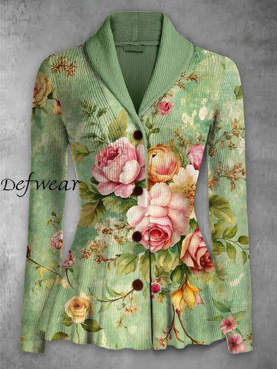 Retro Floral Printed Elegant Lapel V-Neck Button Up Thick Knit Long-Sleeved Cardigan Sweater A / S