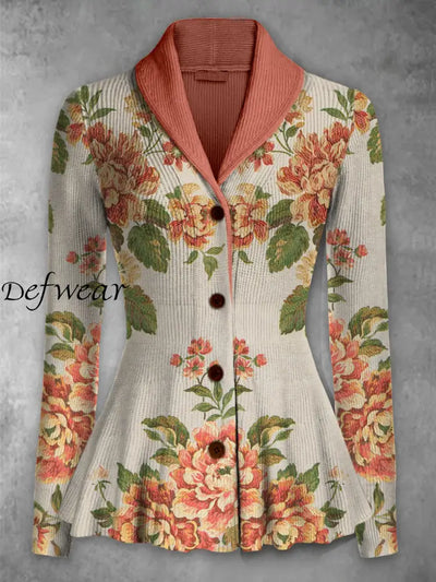 Retro Floral Printed Elegant Lapel V-Neck Button Up Thick Knit Long-Sleeved Cardigan Sweater A / S