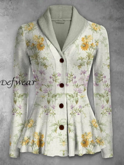 Retro Floral Printed Elegant Lapel V-Neck Button Up Thick Knit Long-Sleeved Cardigan Sweater A / S