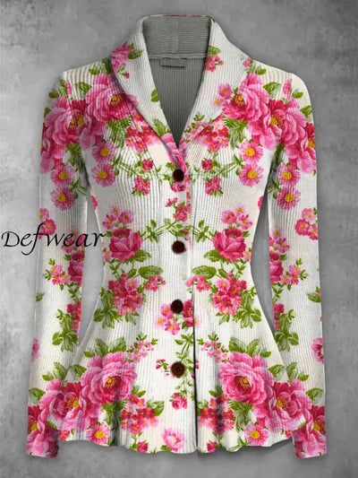 Retro Floral Printed Elegant Lapel V-Neck Button Up Thick Knit Long-Sleeved Cardigan Sweater A / S