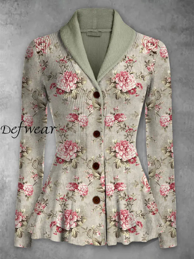 Retro Floral Printed Elegant Lapel V-Neck Button Up Thick Knit Long-Sleeved Cardigan Sweater A / S