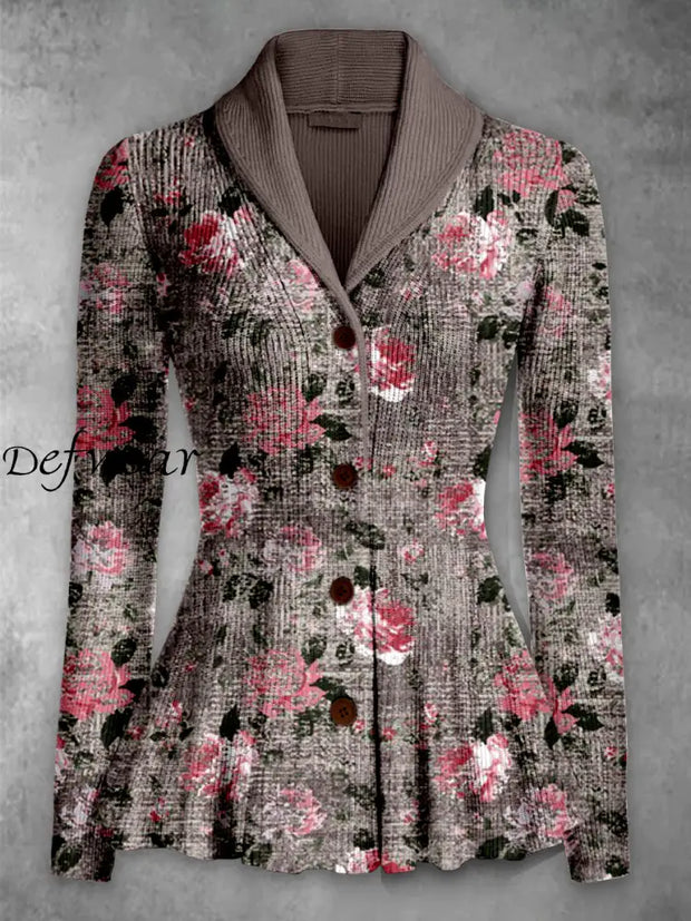 Retro Floral Printed Elegant Lapel V-Neck Button Up Thick Knit Long-Sleeved Cardigan Sweater A / S