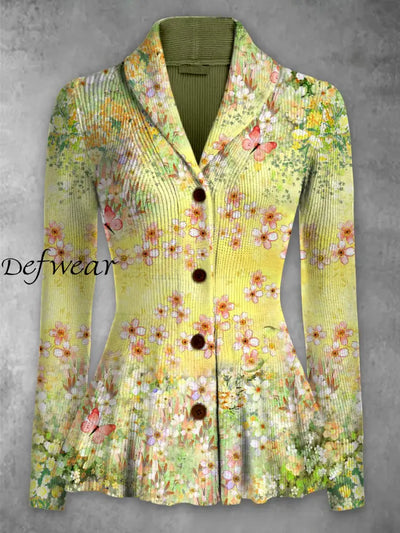 Retro Floral Printed Elegant Lapel V-Neck Button Up Thick Knit Long-Sleeved Cardigan Top A / S