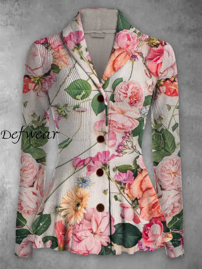 Retro Floral Printed Elegant Lapel V-Neck Button Up Thick Knit Long-Sleeved Cardigan Top A / S