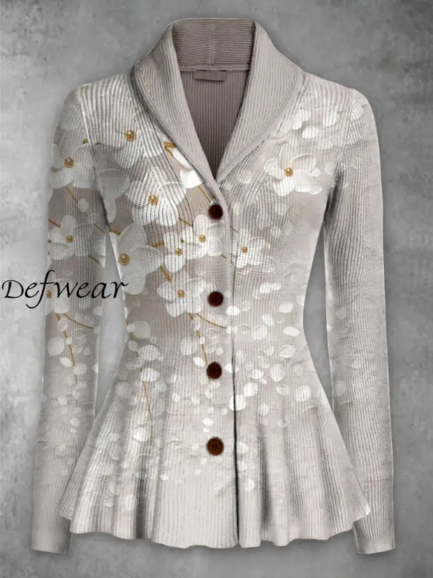 Retro Floral Printed Elegant Lapel V-Neck Button Up Thick Knit Long-Sleeved Cardigan Top A / S