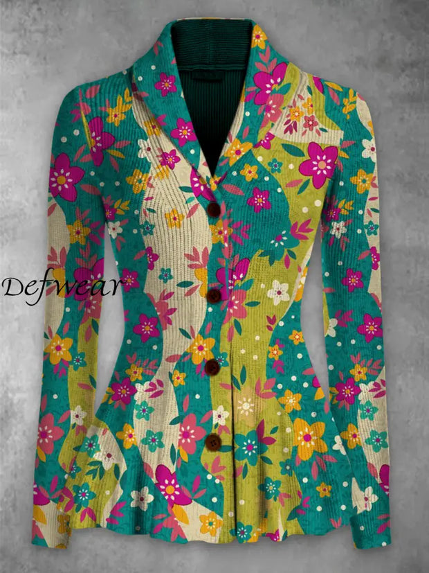 Retro Floral Printed Elegant Lapel V-Neck Button Up Thick Knit Long-Sleeved Cardigan Top A / S