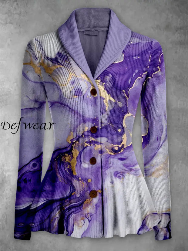 Retro Floral Printed Elegant Lapel V-Neck Button Up Thick Knit Long-Sleeved Cardigan Top A / S