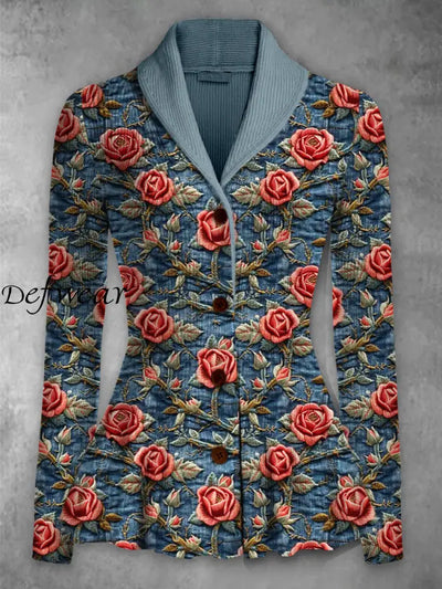 Retro Floral Printed Elegant Lapel V-Neck Button Up Thick Knit Long-Sleeved Cardigan Top A / S