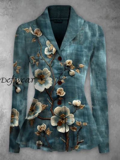 Retro Floral Printed Elegant Lapel V-Neck Button Up Thick Knit Long-Sleeved Cardigan Top A / S