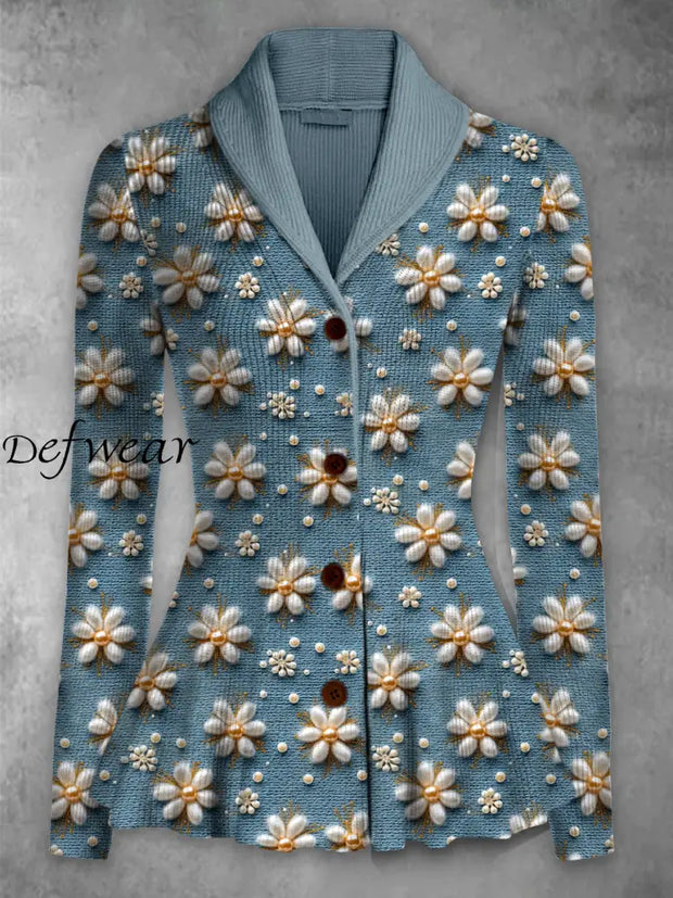 Retro Floral Printed Elegant Lapel V-Neck Button Up Thick Knit Long-Sleeved Cardigan Top A / S