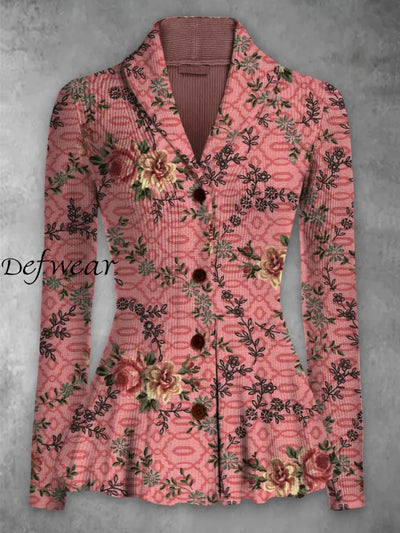 Retro Floral Printed Elegant Lapel V-Neck Button Up Thick Knit Long-Sleeved Cardigan Top A / S