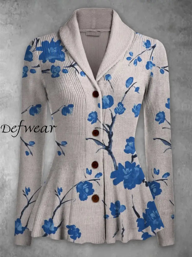 Retro Floral Printed Elegant Lapel V-Neck Button Up Thick Knit Long-Sleeved Cardigan Top A / S