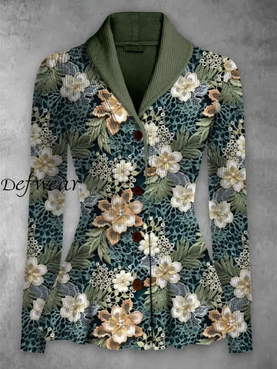 Retro Floral Printed Elegant Lapel V-Neck Button Up Thick Knit Long-Sleeved Cardigan Top A / S