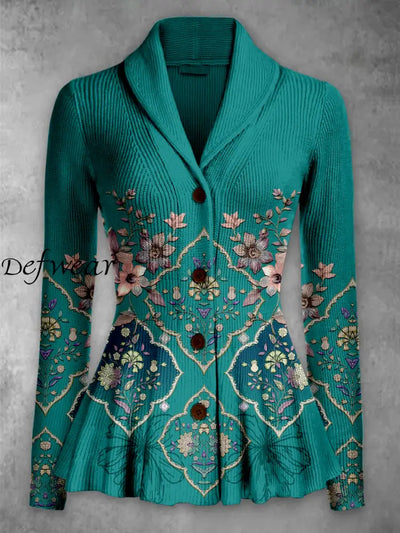 Retro Floral Printed Elegant Lapel V-Neck Button Up Thick Knit Long-Sleeved Cardigan Top A / S