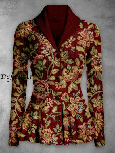 Retro Floral Printed Elegant Lapel V-Neck Button Up Thick Knit Long-Sleeved Cardigan Top A / S