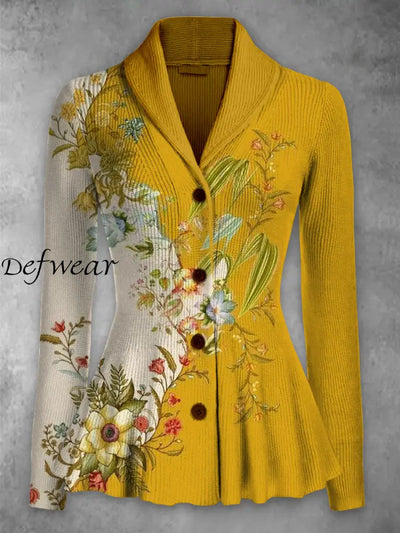 Retro Floral Printed Elegant Lapel V-Neck Button Up Thick Knit Long-Sleeved Cardigan Top A / S