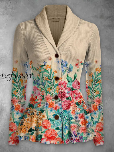 Retro Floral Printed Elegant Lapel V-Neck Button Up Thick Knit Long-Sleeved Cardigan Top A / S