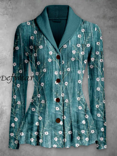 Retro Floral Printed Elegant Lapel V-Neck Button Up Thick Knit Long-Sleeved Cardigan Top A / S