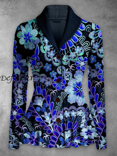 Retro Floral Printed Elegant Lapel V-Neck Button Up Thick Knit Long-Sleeved Cardigan Top A / S