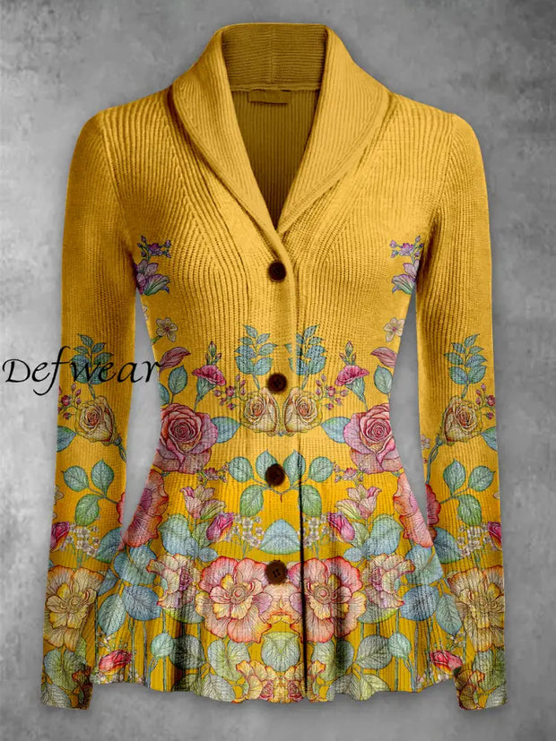 Retro Floral Printed Elegant Lapel V-Neck Button Up Thick Knit Long-Sleeved Cardigan Top A / S