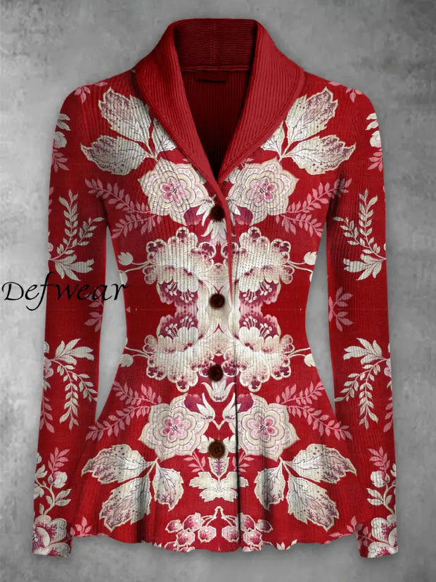 Retro Floral Printed Elegant Lapel V-Neck Button Up Thick Knit Long-Sleeved Cardigan Top A / S