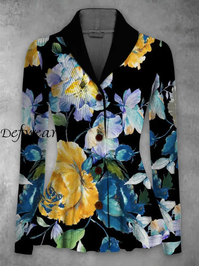 Retro Floral Printed Elegant Lapel V-Neck Button Up Thick Knit Long-Sleeved Cardigan Top A / S