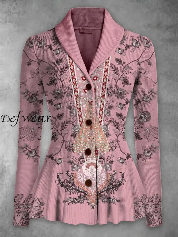 Retro Floral Printed Elegant Lapel V-Neck Button Up Thick Knit Long-Sleeved Cardigan Top A / S