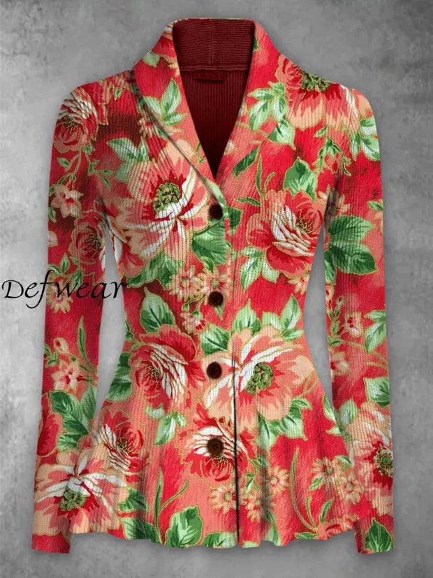 Retro Floral Printed Elegant Lapel V-Neck Button Up Thick Knit Long-Sleeved Cardigan Top A / S