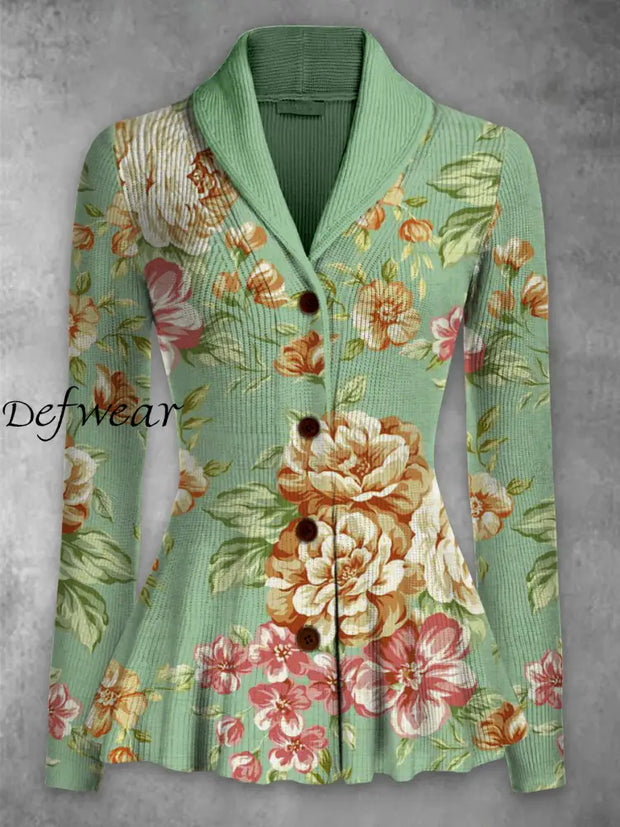 Retro Floral Printed Elegant Lapel V-Neck Button Up Thick Knit Long-Sleeved Cardigan Top A / S