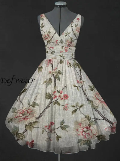 Retro Floral Printed V-Neck 50’S Vintage Fashion Sleeveless Midi Dress A / S