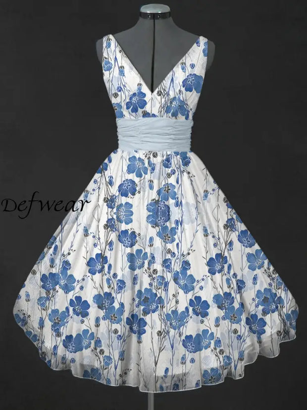 Retro Floral Printed V-Neck 50’S Vintage Fashion Sleeveless Midi Dress A / S